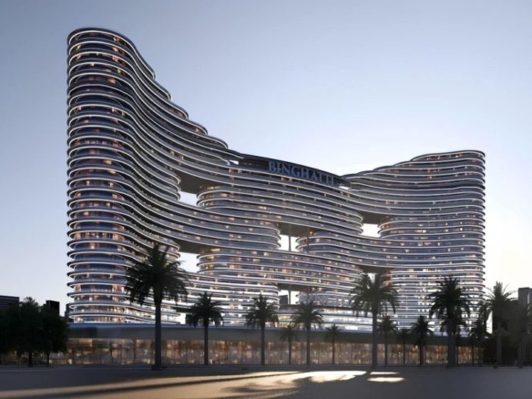 Binghatti Aquarise waterfront residential building exterior in JVC