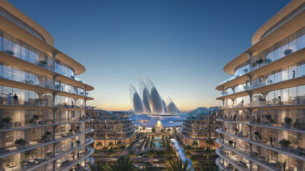The Row Saadiyat Island luxury apartment building – exterior view overlooking sea and landscaped surroundings