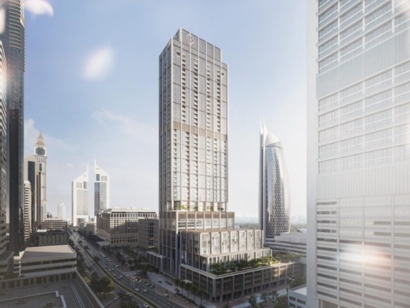 DIFC Heights Tower exterior view Dubai skyline Burj Khalifa backdrop