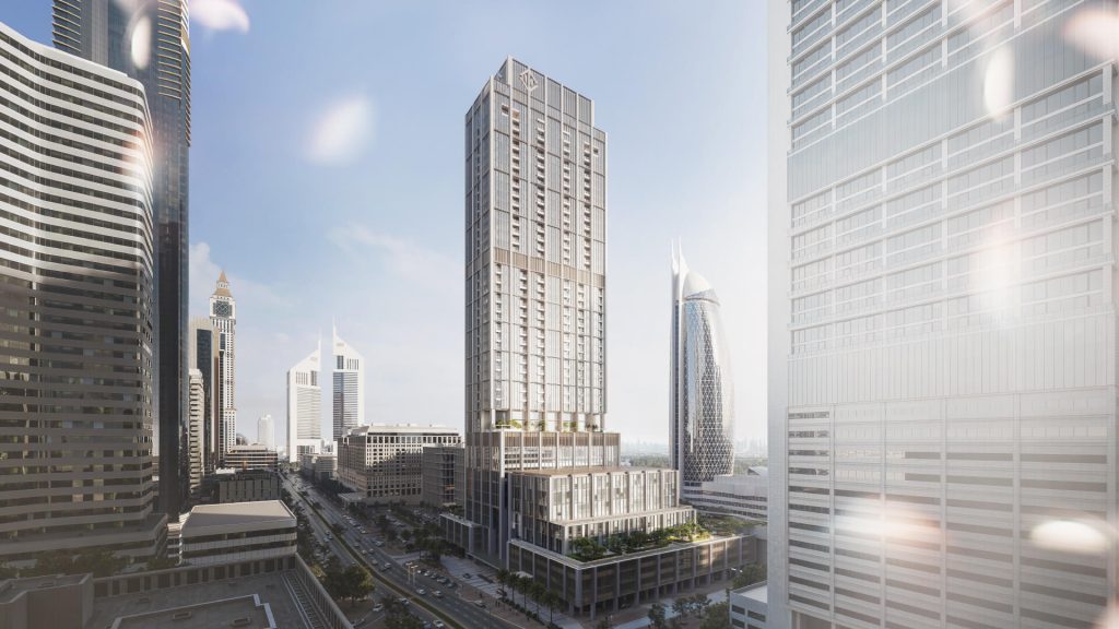 DIFC Heights Tower exterior view Dubai skyline Burj Khalifa backdrop
