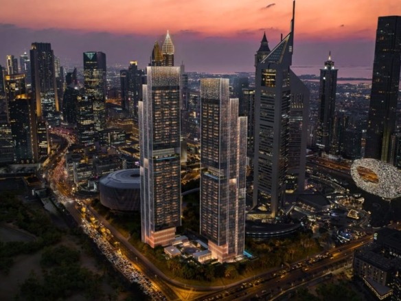 “Jumeirah Residences Emirates Towers Dubai skyline view at dusk”