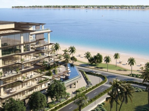 Omoria Private Residences Dubai Islands exterior sea-view at sunset