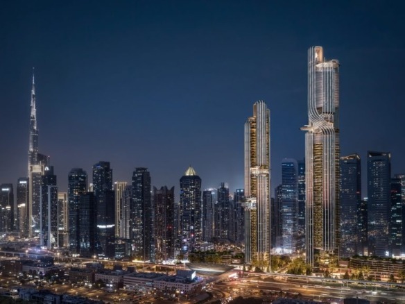 Lumena Alta Dubai exterior night view – twisted façade Business Bay tower