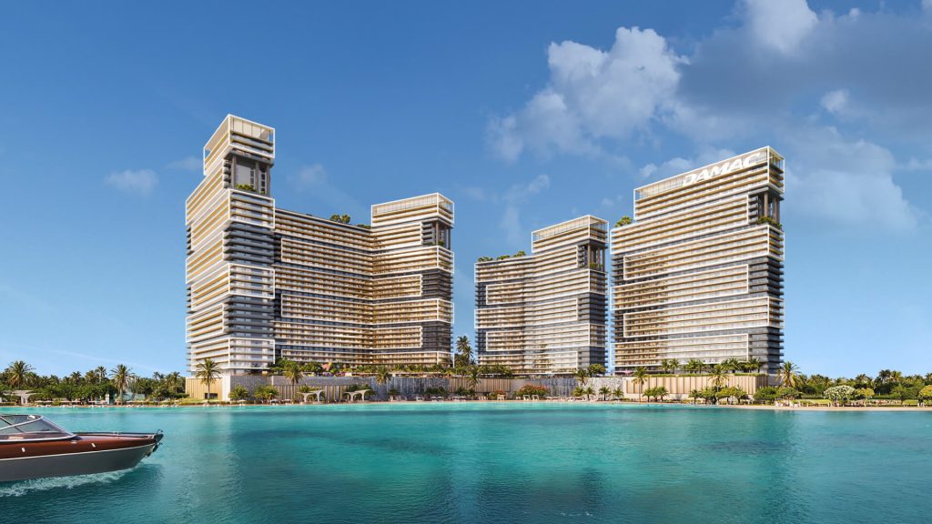 SeaCrest DAMAC Dubai Maritime City beachfront apartment building at sunset