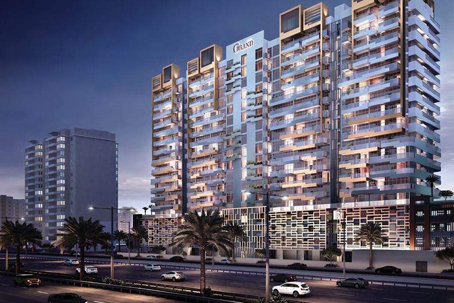 Azizi Grand residential exterior in Dubai Sports City