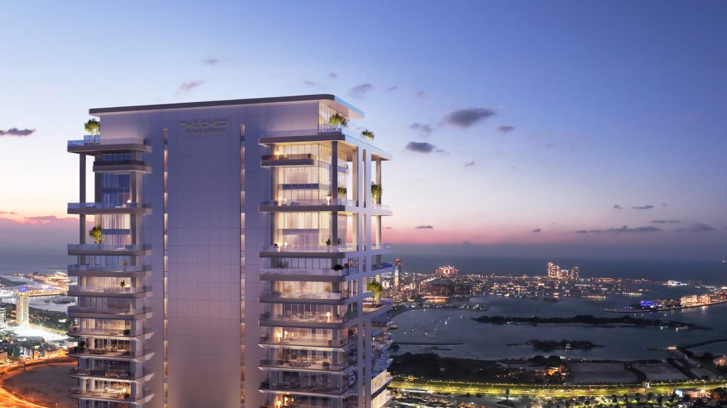 Exterior view of The Chedi Private Residences tower along Sheikh Zayed Road, Dubai