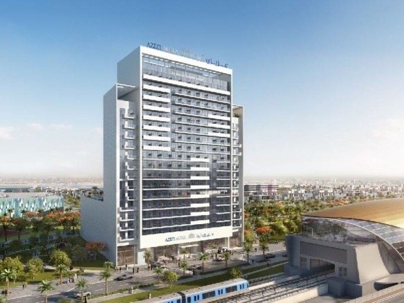 Azizi Aura residential tower exterior in Jebel Ali Dubai