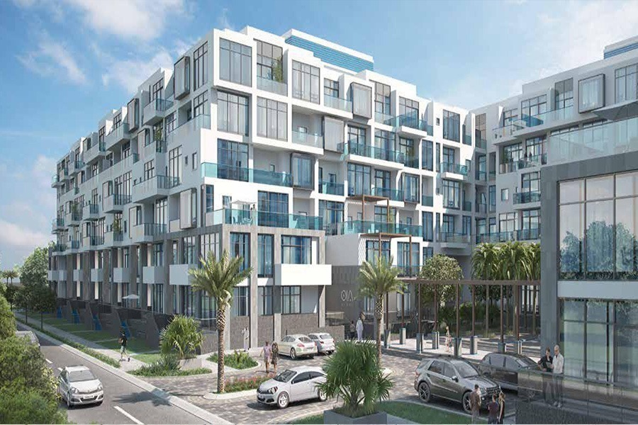 OIA Residence residential building exterior in Motor City Dubai