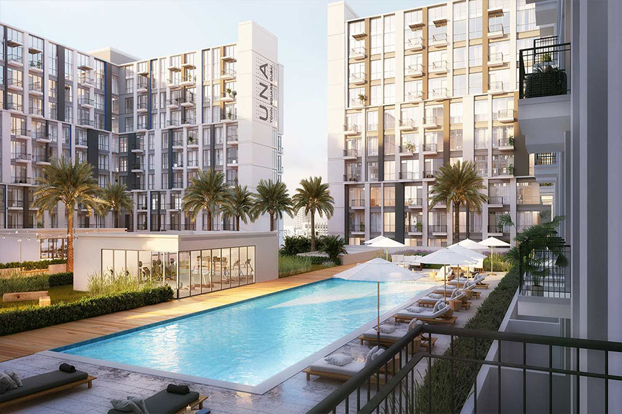 UNA Apartments exterior view in Town Square Dubai